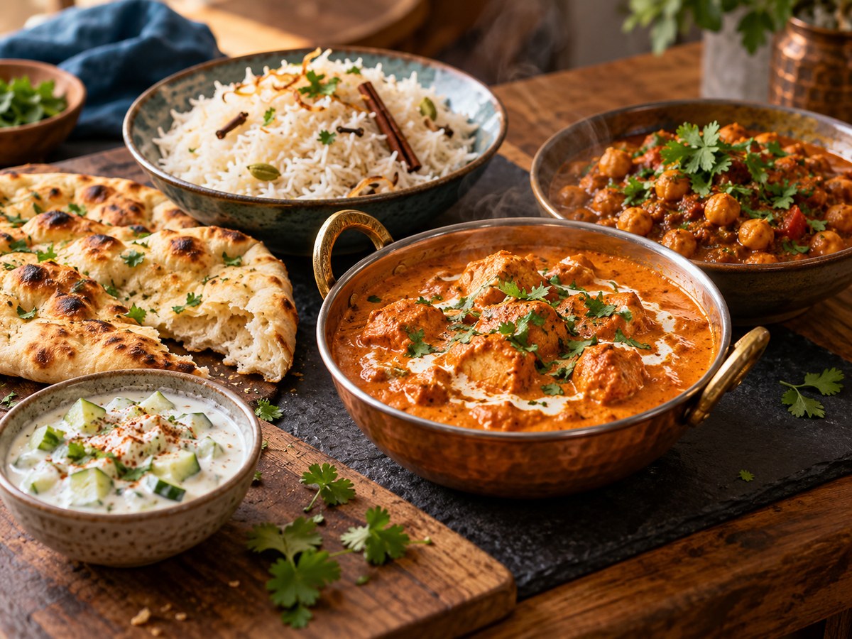 Indische Currys, Reis und frisches Naan-Brot