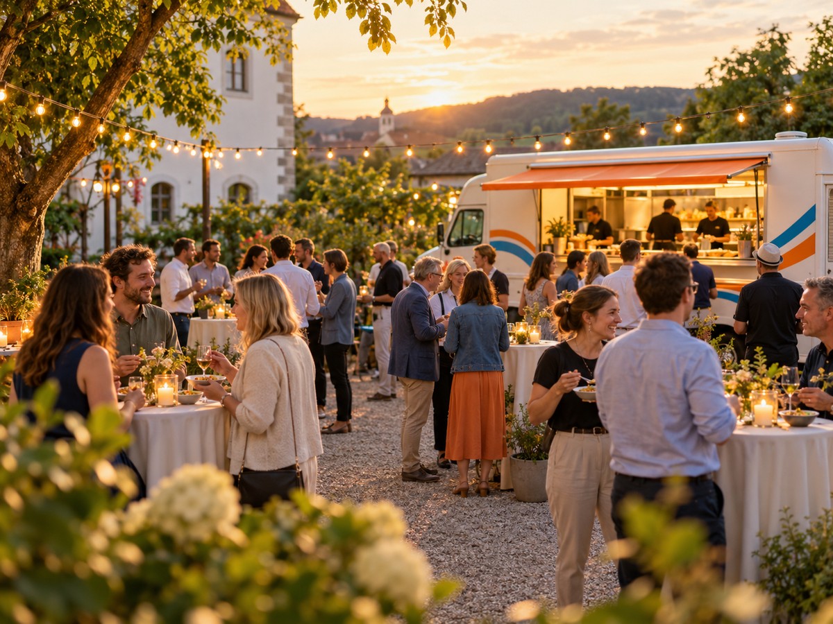 Gäste essen und feiern an einem Sommerabend im Freien