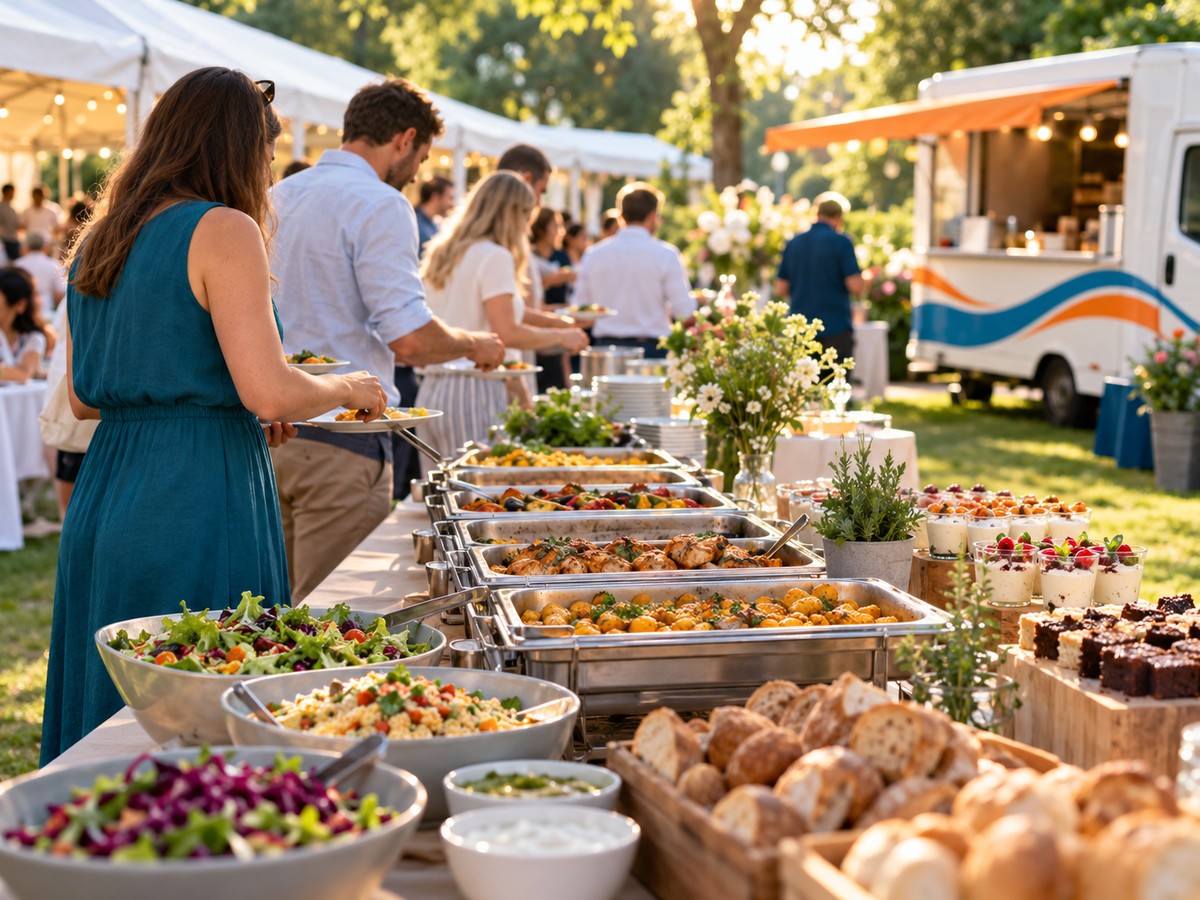 Langes Catering-Buffet bei einer Firmenfeier im Garten