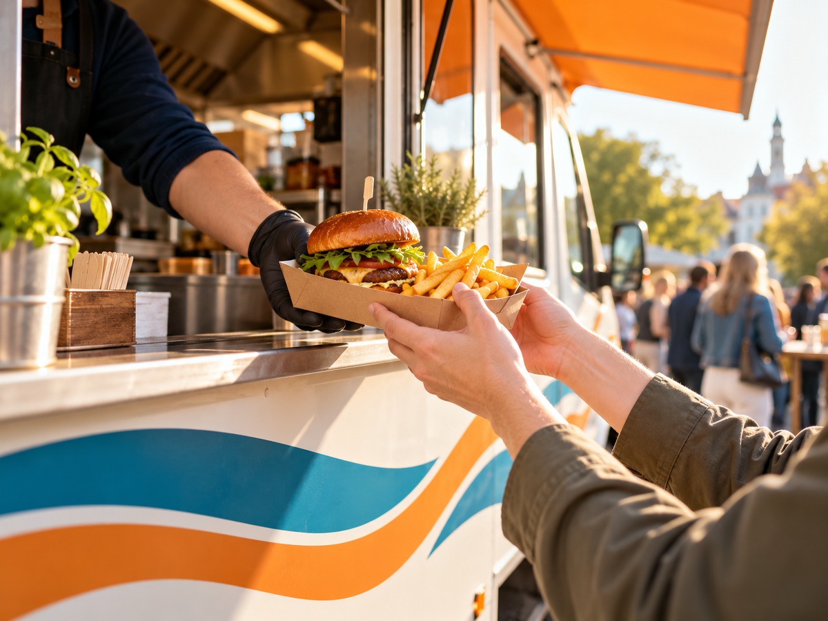 Foodtruck-Fenster, aus dem eine Portion frisches Essen gereicht wird